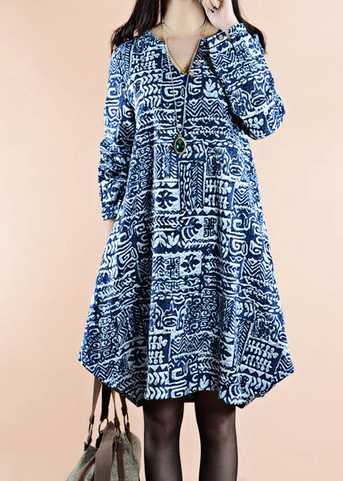 Blue Print Patchwork Linen Dress V Neck Asymmetrical Spring