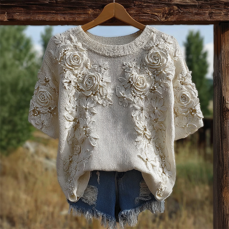 Vintage White Roses Crochet Knit Short Sleeve Sweater wearshes