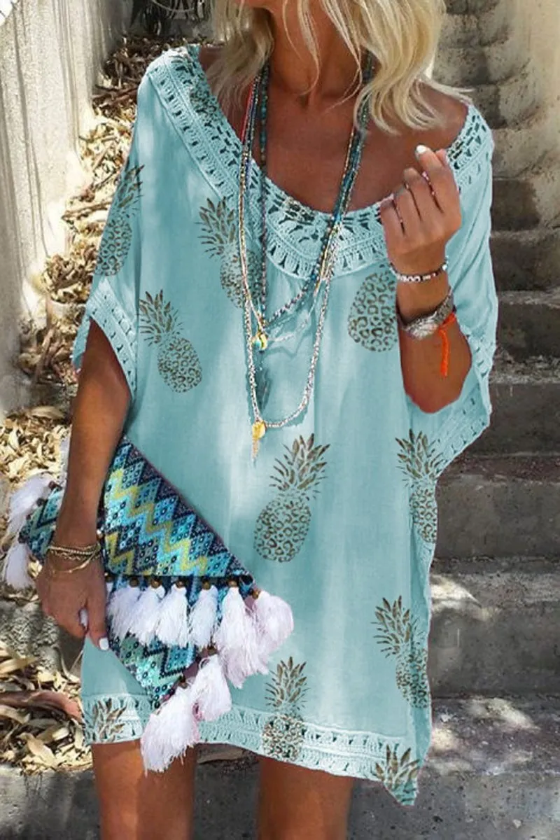 Fruit Print V-Neck Lace Patchwork Dress