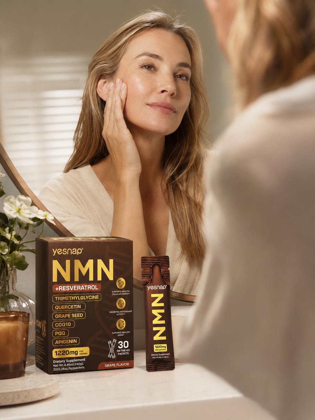 Woman with radiant, youthful-looking skin