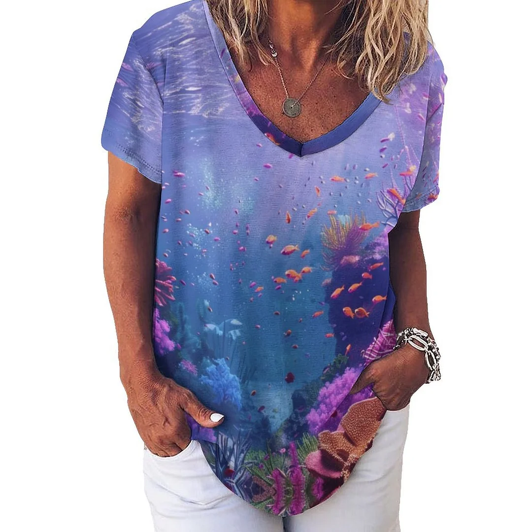 V-neck Short Sleeve Casual T-shirt for  Women Printed with Pattern Ocean, Blue, Sea, Fish