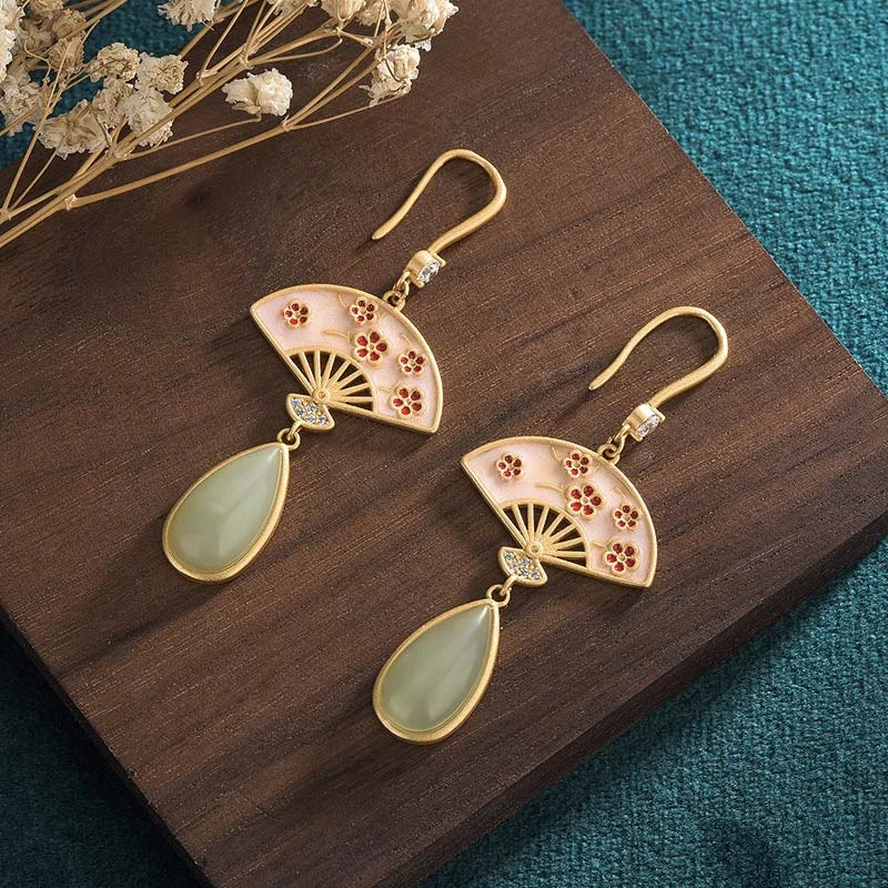 Green Aventurine Fan Pattern Luck Drop Earrings