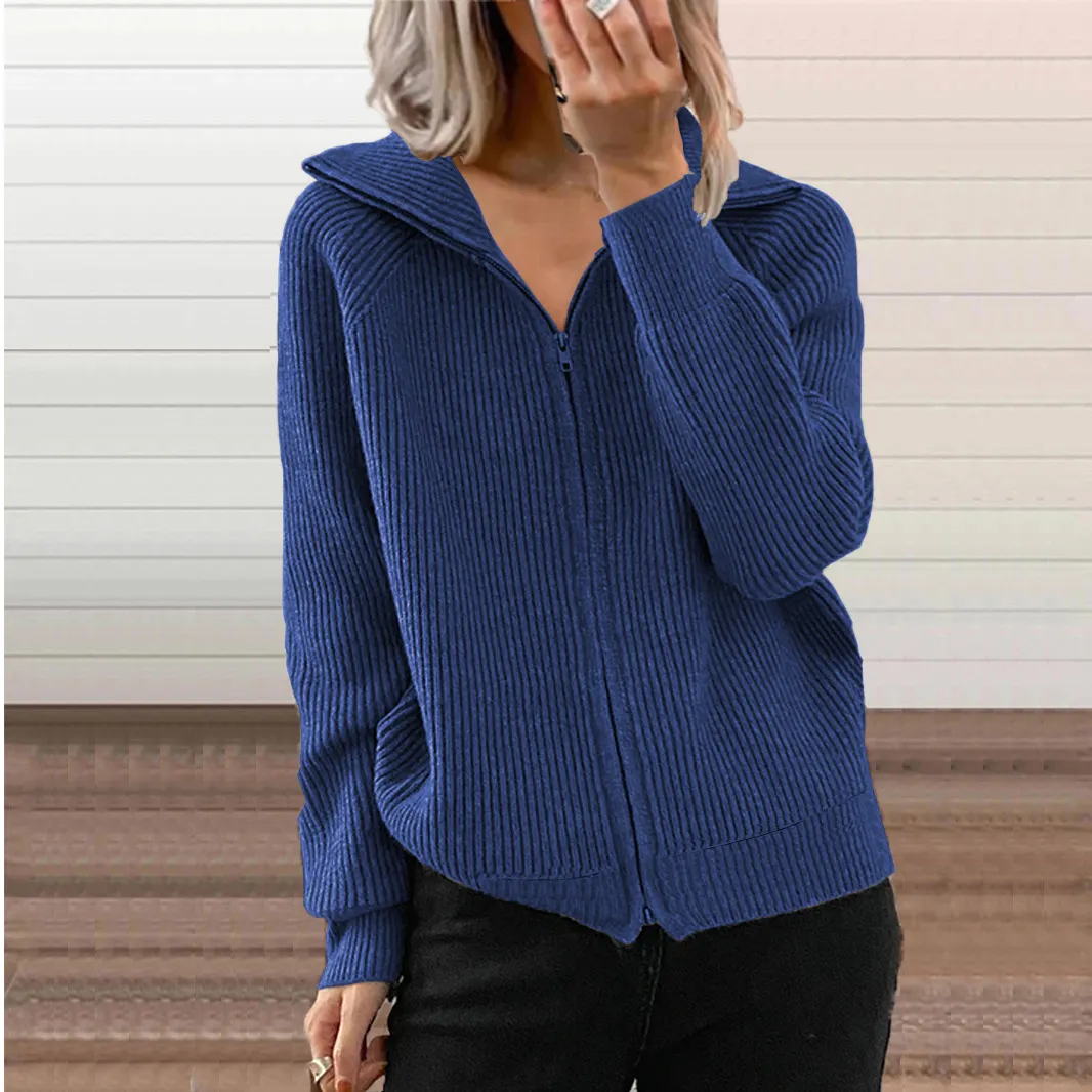 Churchf Churchf Winter New Striped Casual Coat Loose Sweater Zipper Cardigan Long Sleeve Lapel Sweater Woman