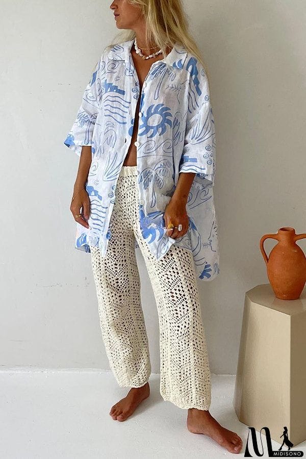 MidiSono - Quiet Beach Linen Blend Printed Oversized Blouse and Elastic Waist Shorts Set