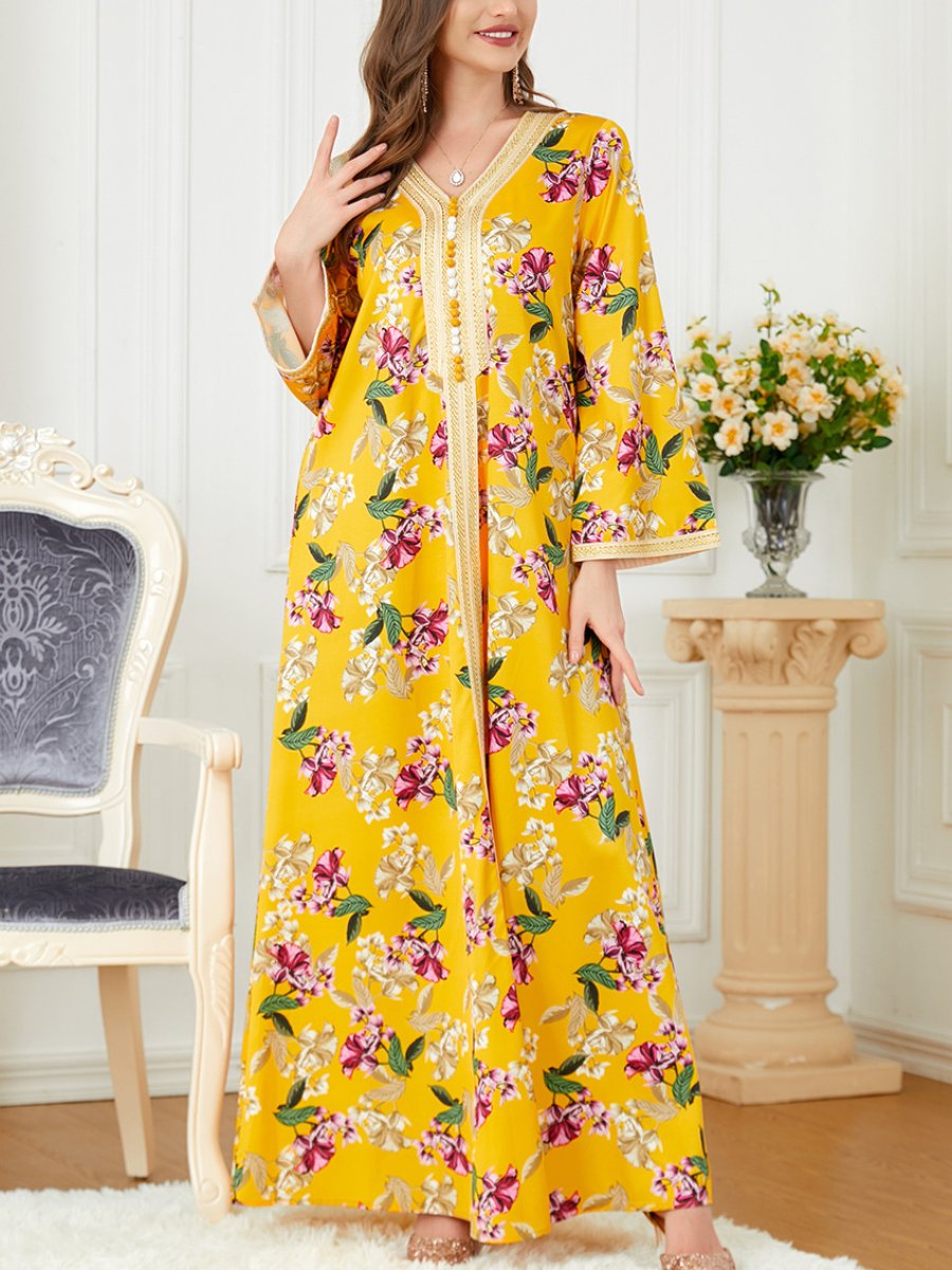 Flowers Pattern V Neck Long Sleeve Loose Elegant Gown | Oxredo Shop Ramadan Sale