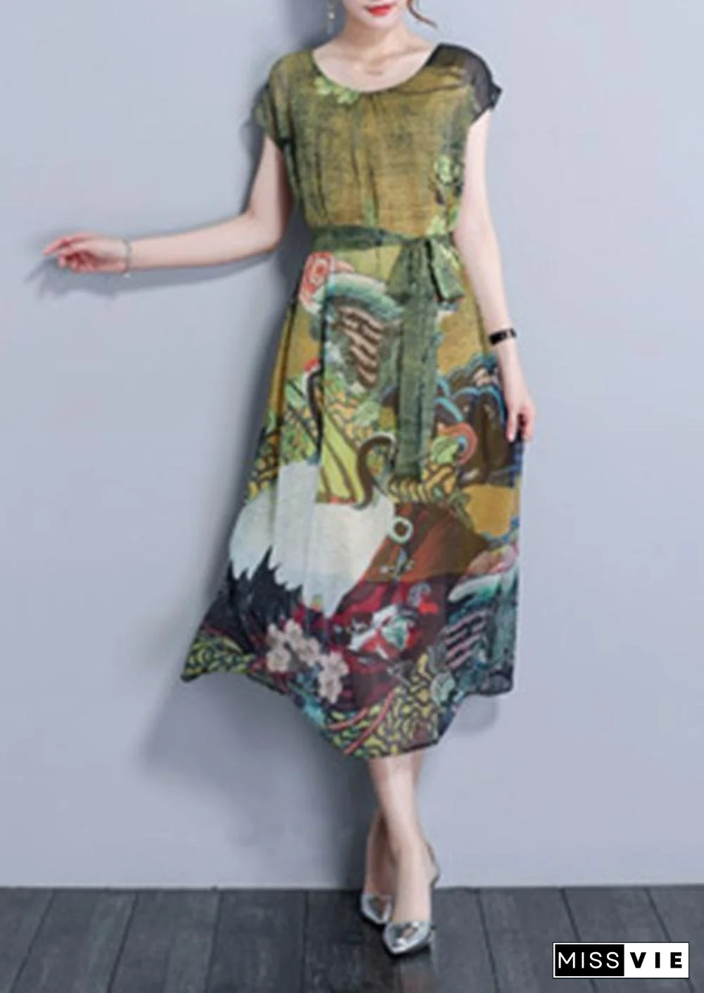 Women Vintage Printed Short Sleeve Mid-Long Dresses