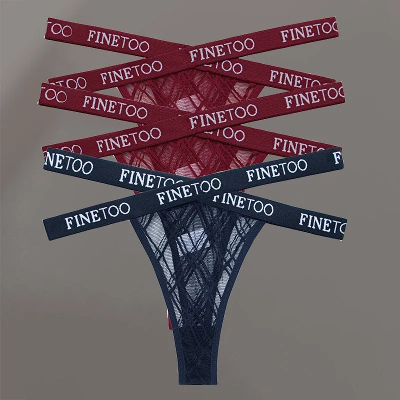 FINETOO 3PCS/Set Women's Letter Lace Mesh G-string Sexy Cross Strap Panties Midi Waist Underwear Thongs Femme Hollow Out Panties
