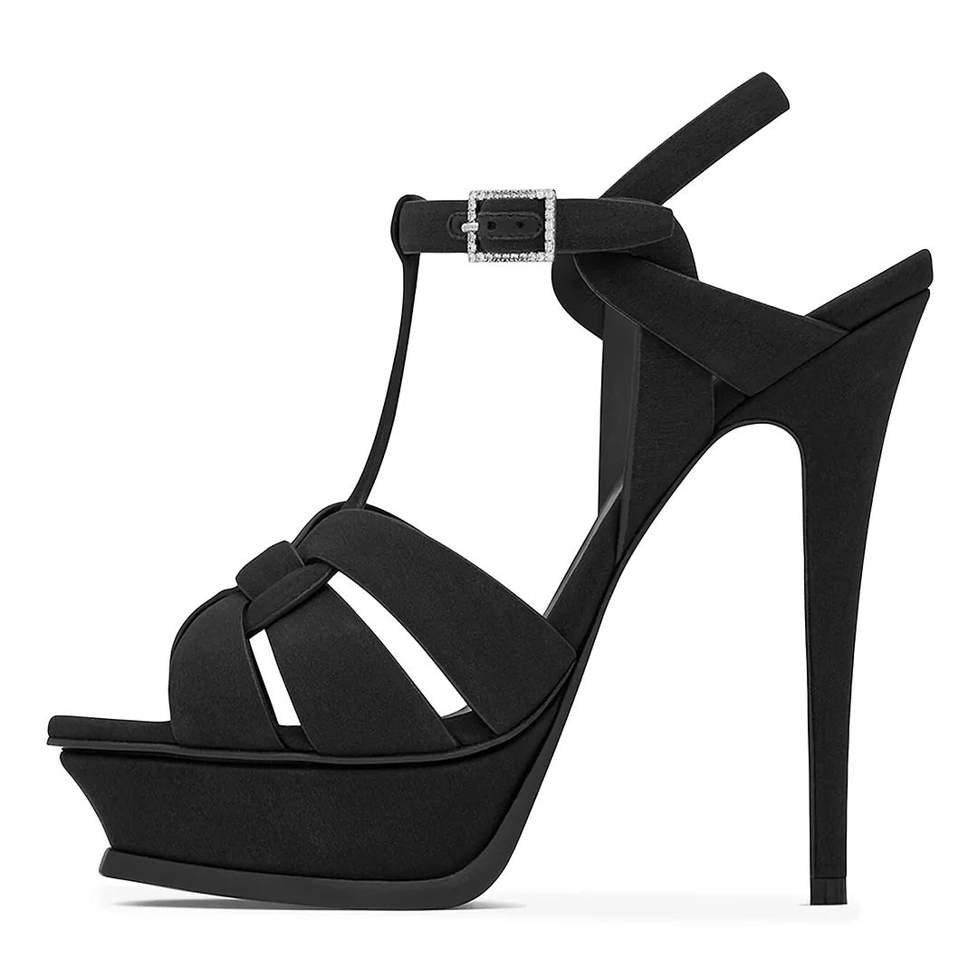 Faux Suede Platform T-Strap Stiletto Heel Sandals in Black