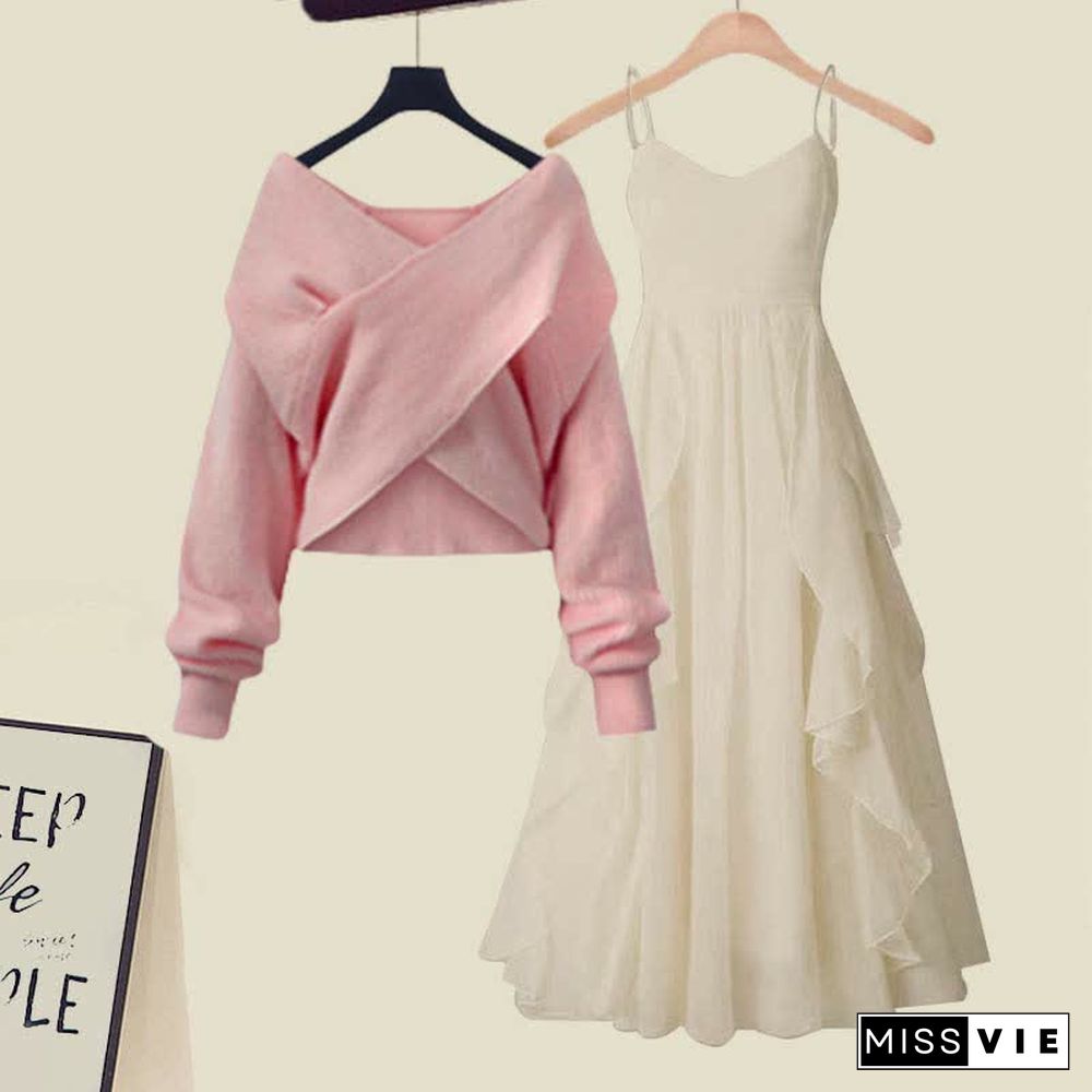 Cross Knit Sweater Flouncing A-line Slip Dress Two Pieces