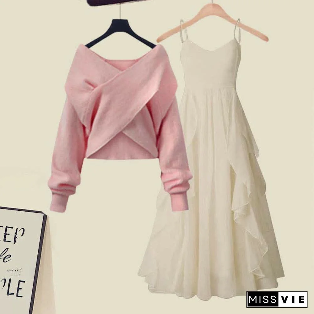 Cross Knit Sweater Flouncing A-line Slip Dress Two Pieces