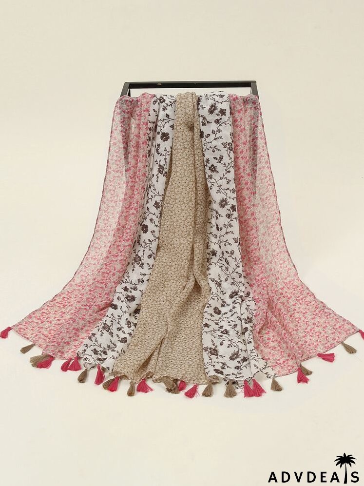 Floral Print Tassel Trim Scarf