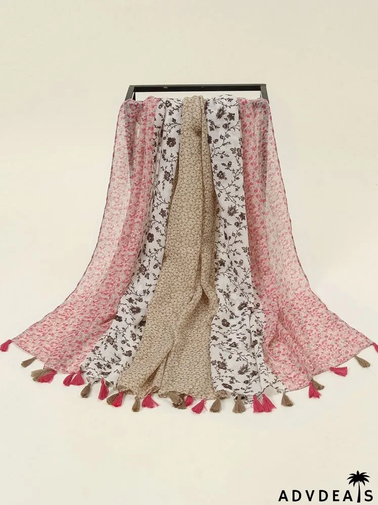 Floral Print Tassel Trim Scarf