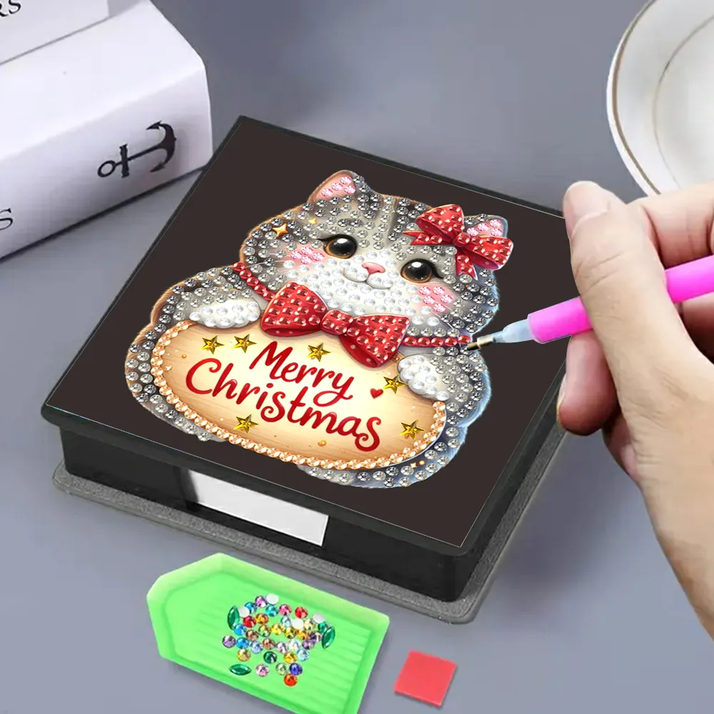 5D DIY PU Diamond Art Note Box with 160 Sheets Paper Memo Pad Holder Kit (Cat)