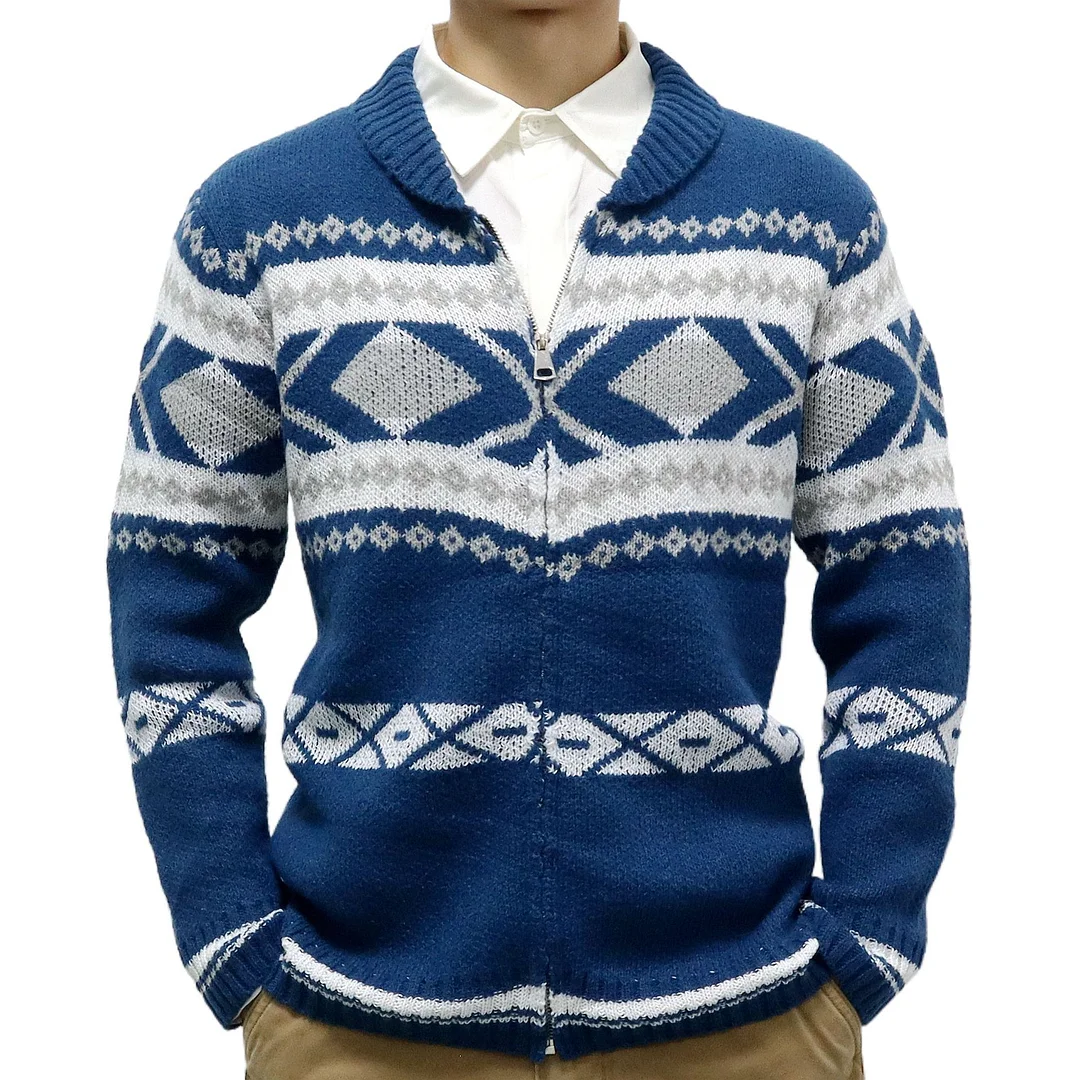 Men's Fall And Winter Jacquard Sweater With Lapel Long Sleeve Cardigan Sweater