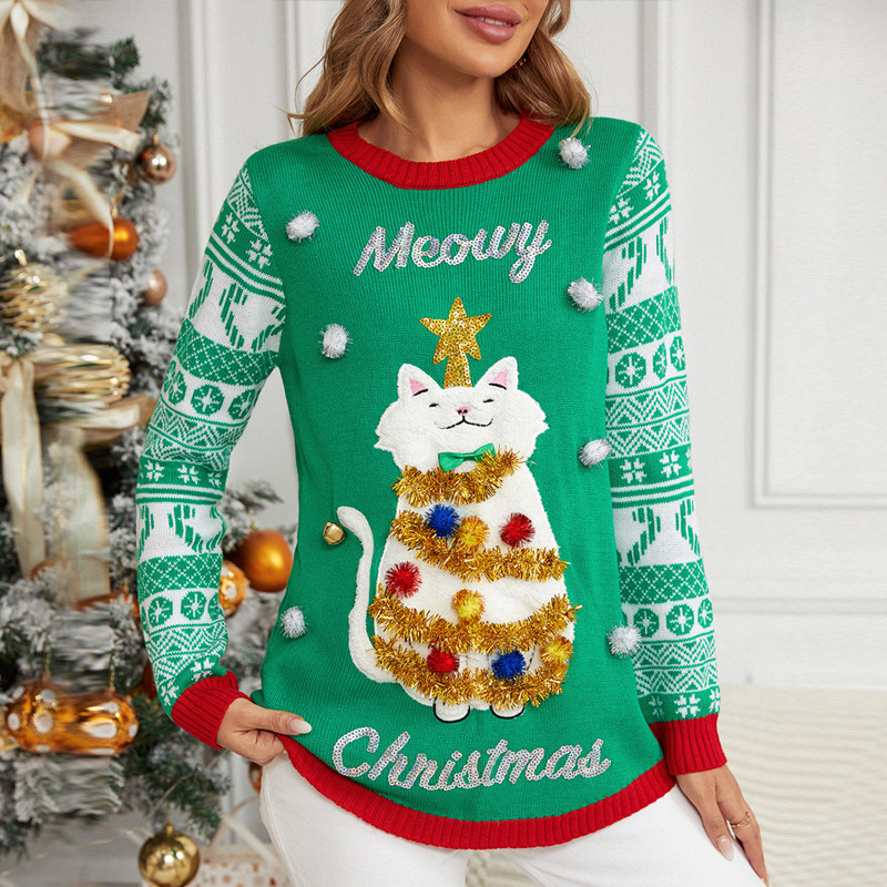 Mature Women Jacquard Pullover Christmas Cartoon Kitten Embroidered Sweater