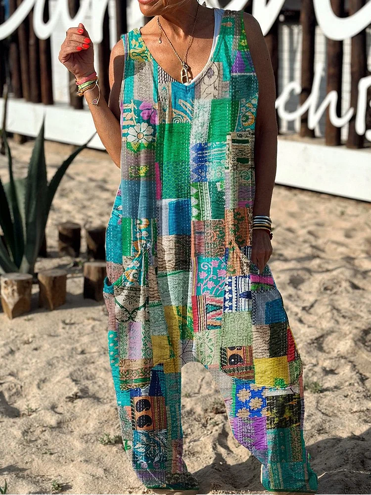 Floral Pattern Hippie Art Print Casual 100% Cotton Wide Leg Jumpsuit