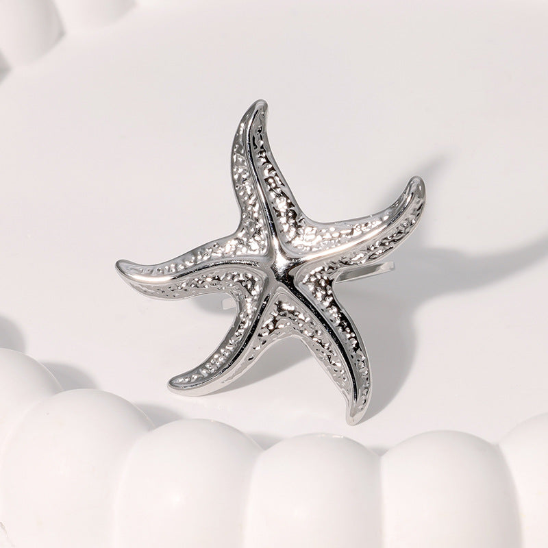 Beach Holiday Style Starfish Ring Personality Exaggerated Ins Style Open Stainless Steel Ring Female