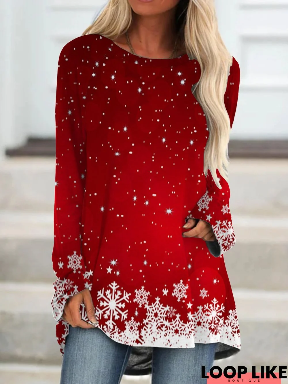 Christmas Long Sleeve Crew Neck Printed Top T-shirt TUNIC Xmas T-shirt