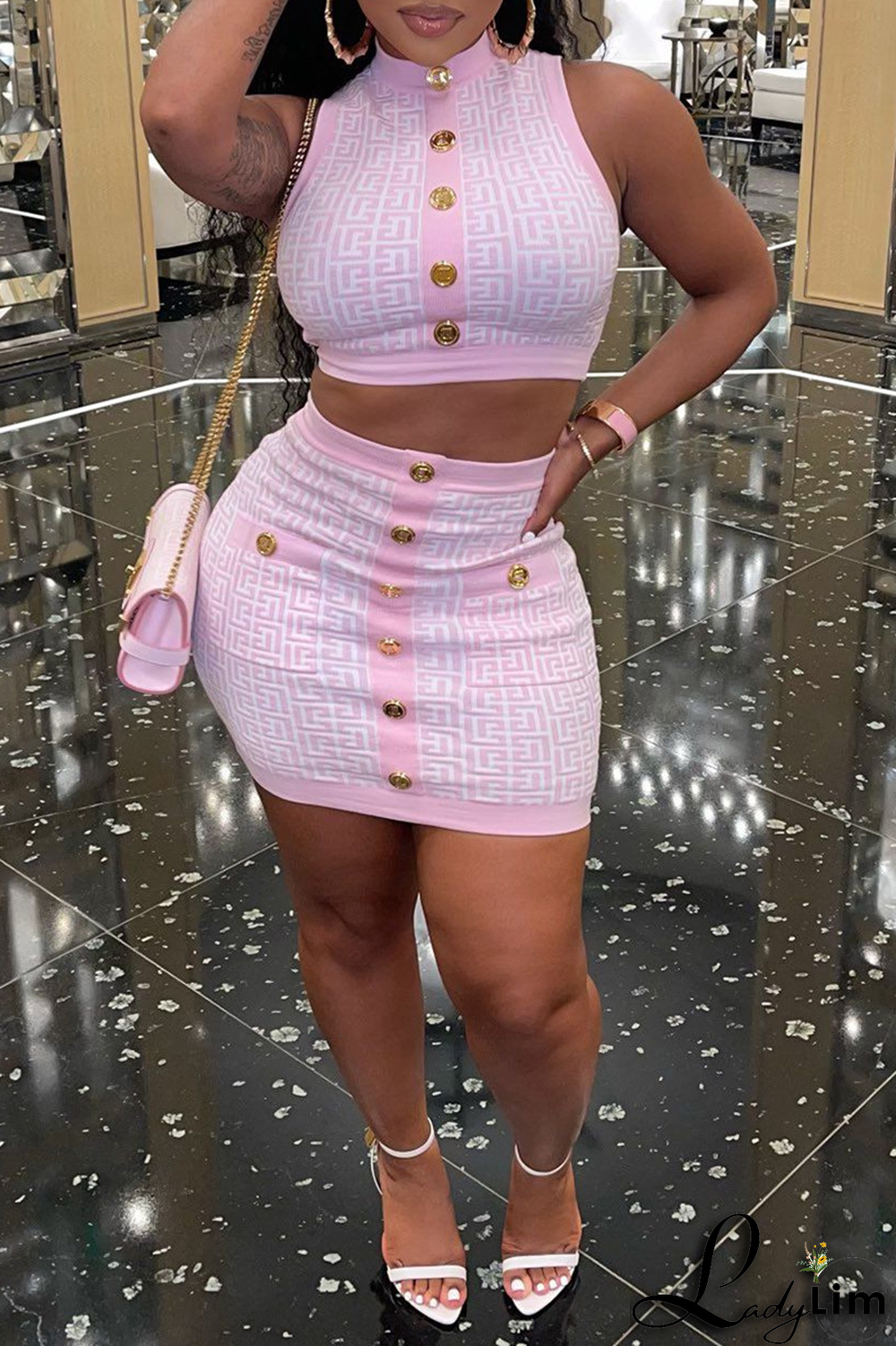 Coffee Sexy Print Buckle O Neck Sleeveless Two Pieces