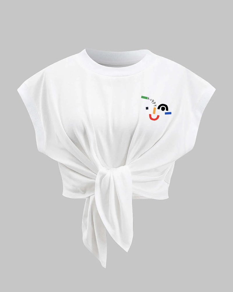 Women's Plus Size Pleated Lace-up Colorful Smiley Face HAPPY Letter Print Short Sleeve T-shirt