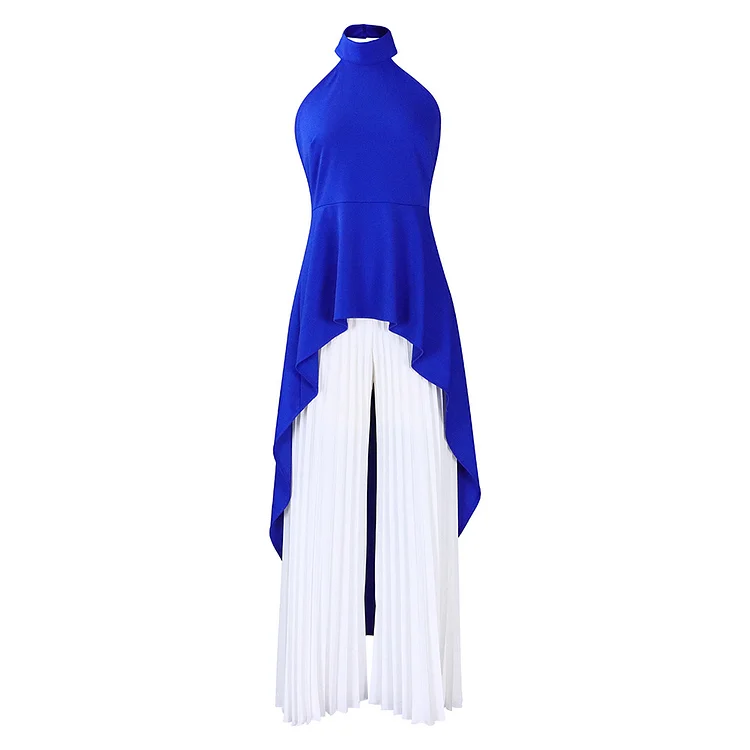  Casual Halter Top Pleated & Wide Leg Pants Suit