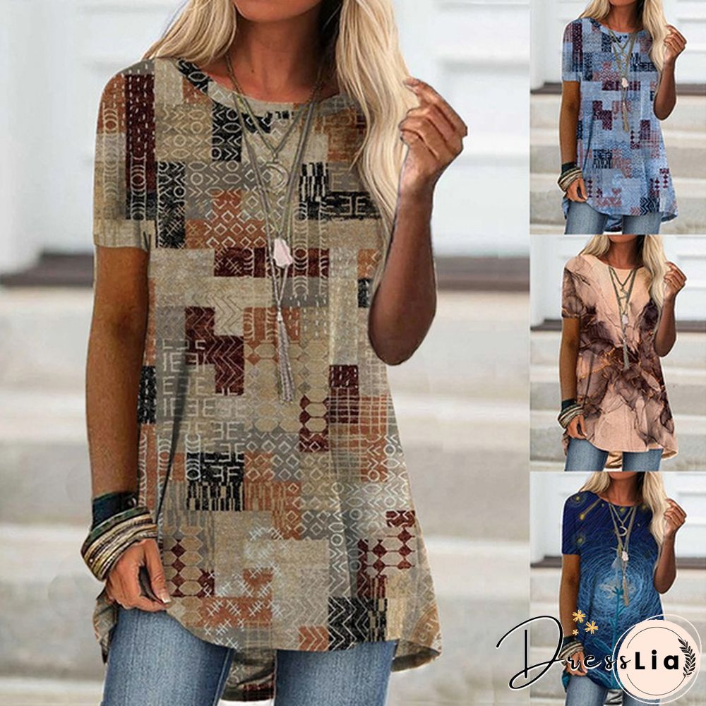 Women Fashion Floral Graphic Printed Short Sleeve Casual Tunic Loose Plus Size O-neck Tops Blouse