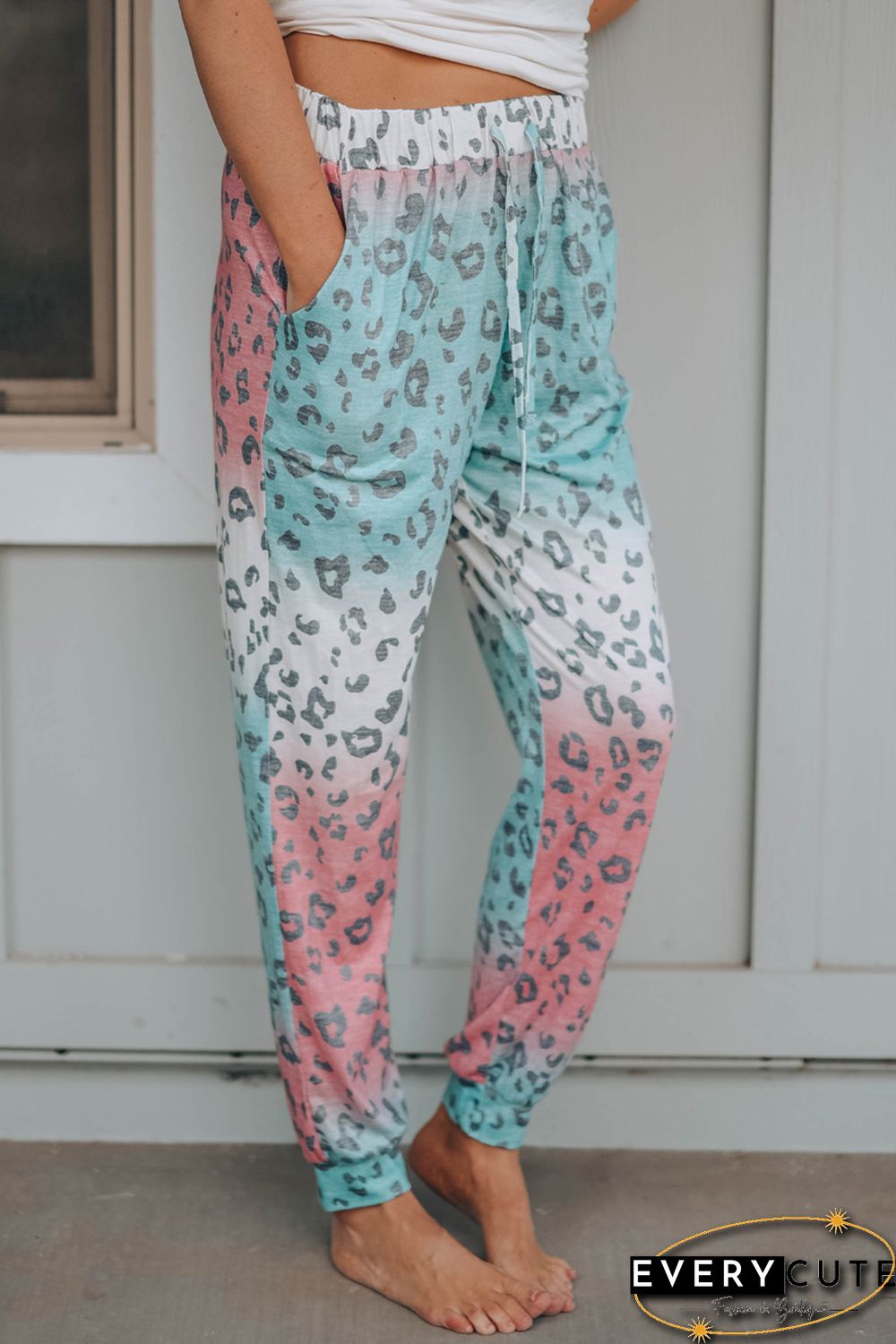 Leopard Gradient Color Drawstring High Waist Pants