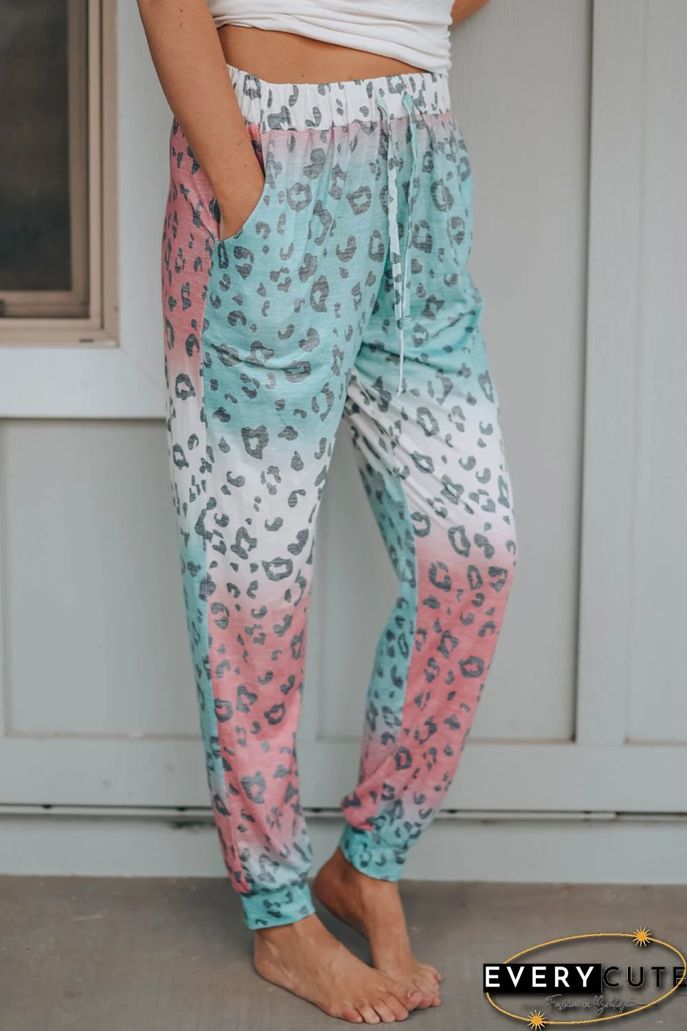 Leopard Gradient Color Drawstring High Waist Pants