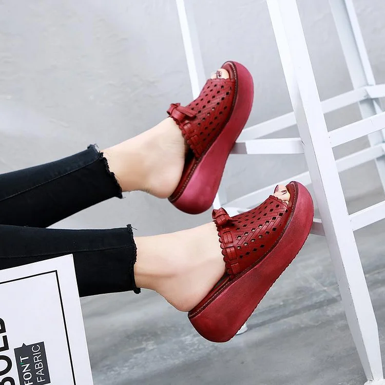 Leather Vintage Hollow Out Wedge Women Casual Slippers