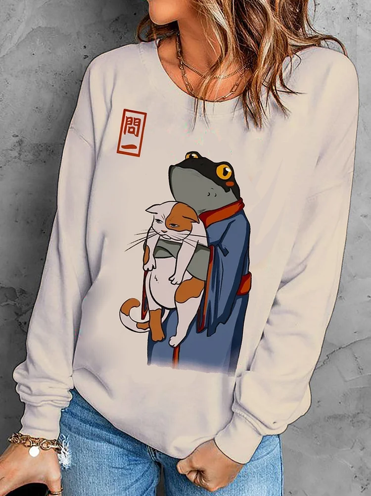 Women's Vintage Frog Hold A Unhappy Cat Print Sweatshirt
