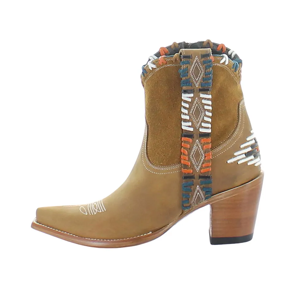 Brown Snip Toe Chunky Heel Zipper Embroidery Western Boots for Women