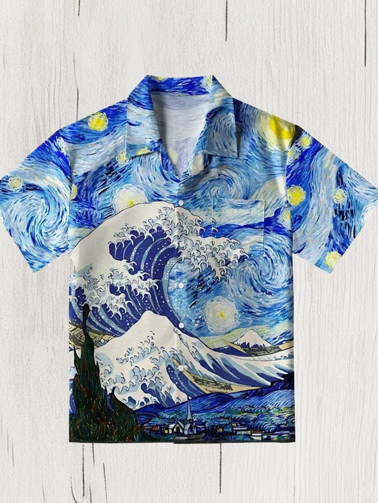 Men's Van Gogh Starry Sky Sea Wave Print Short Sleeve Shirt