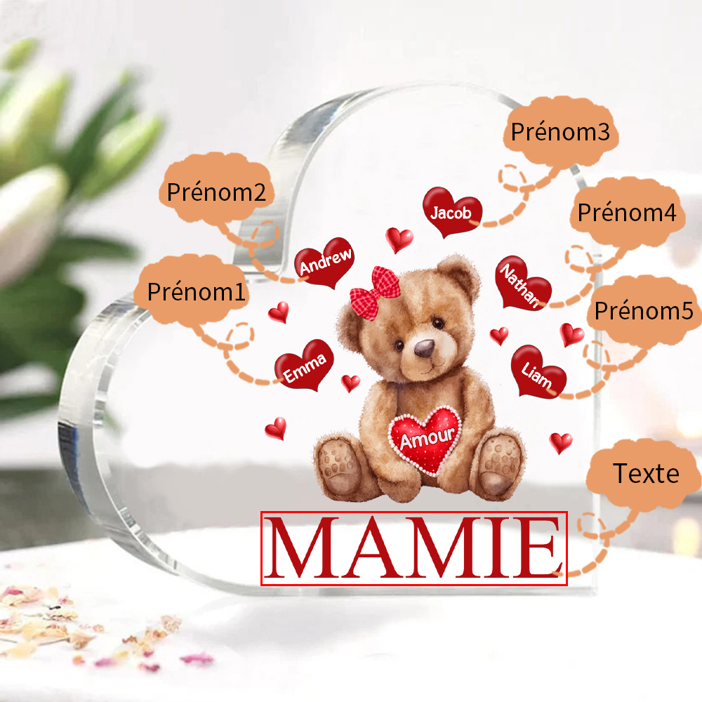 À ma Maman/Mamie - Plaque Acrylique Ours en Forme de Cœur 5 Prénoms Personnalisés avec 1 Texte