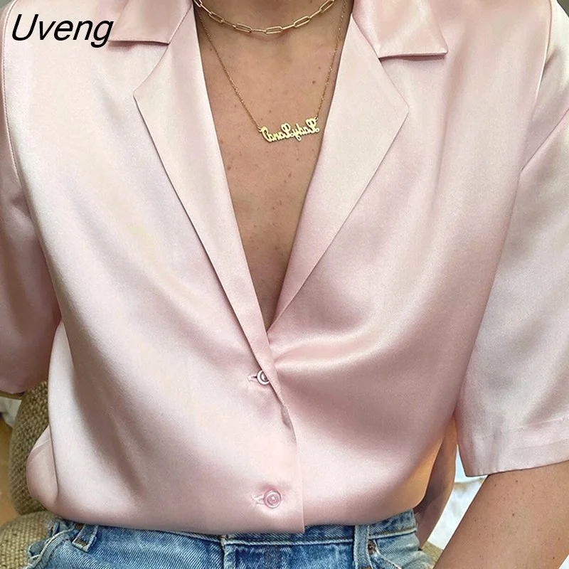 Uveng Stain Tops And Blouse Short Sleeve Turn Down Collar Comfort Fashion Femme Shirts Button Solid Color 2023 Summer
