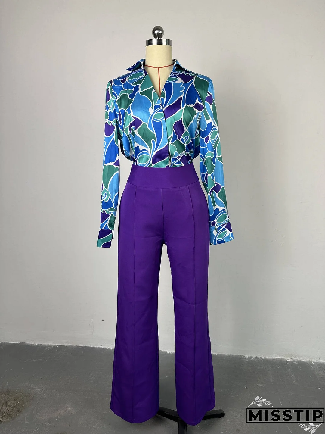 Women Chic printed long-sleeved shirt and wide-leg trousers Casual two-piece set