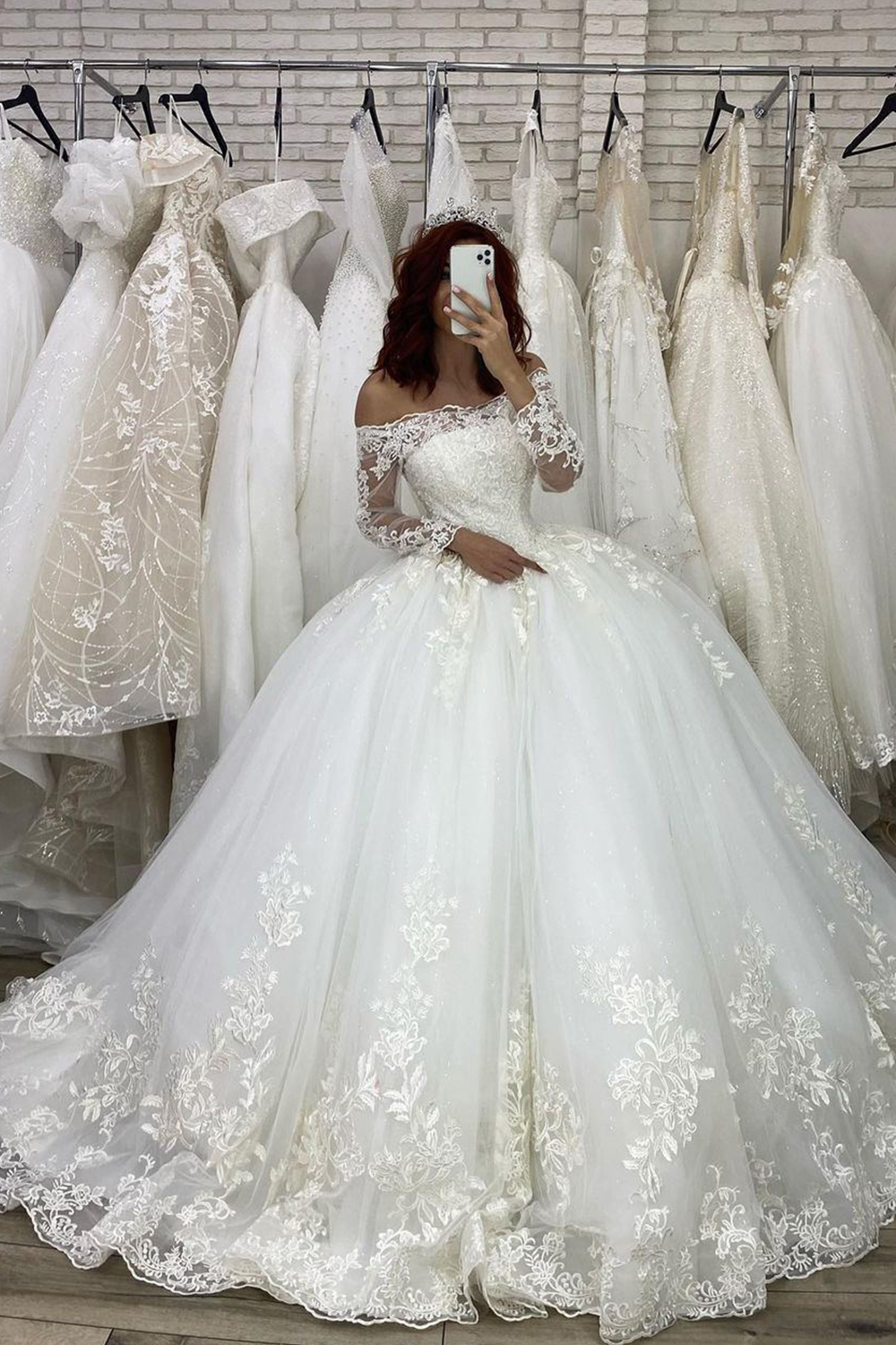 Off The Shoulder Long Sleeves Illusion Ball Gown Wedding Dress With ...