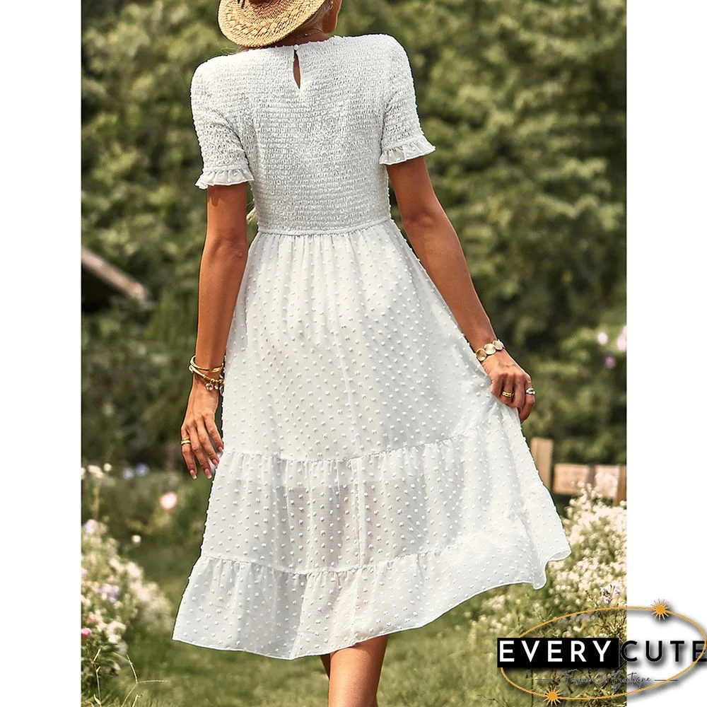 White Swiss Dot Pleated Elegant Short Sleeve Midi Dress