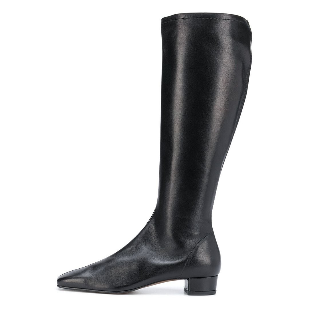 Black Vegan Leather Square Toe Block Heel Knee High Boots for Women