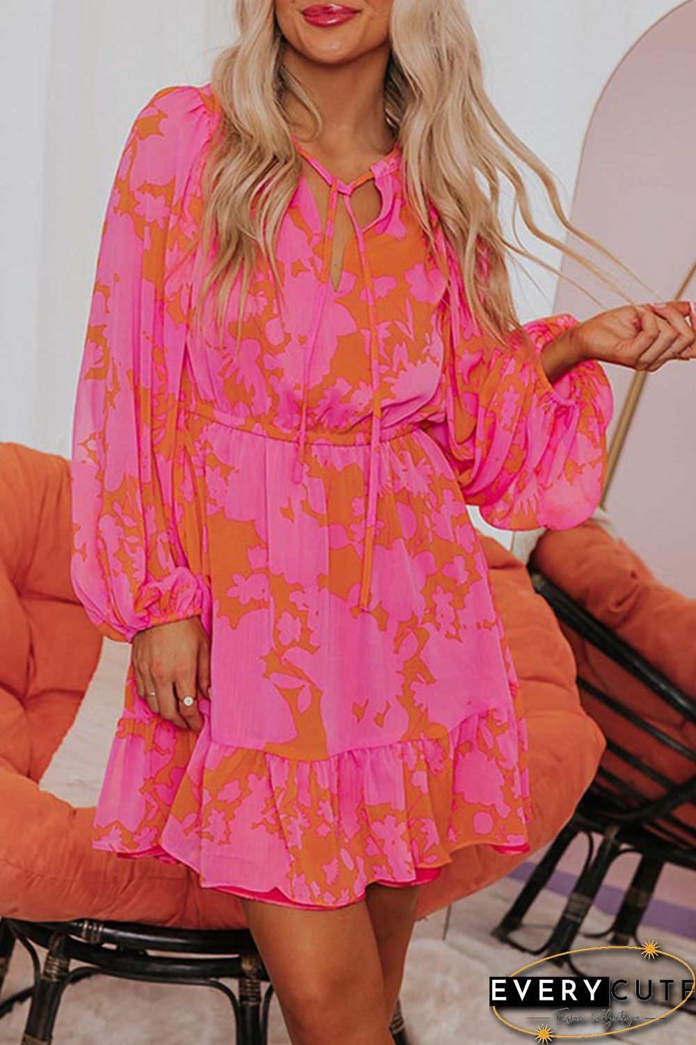 Rose Abstract Printed Puff Sleeve Ruffle Flowy Dress