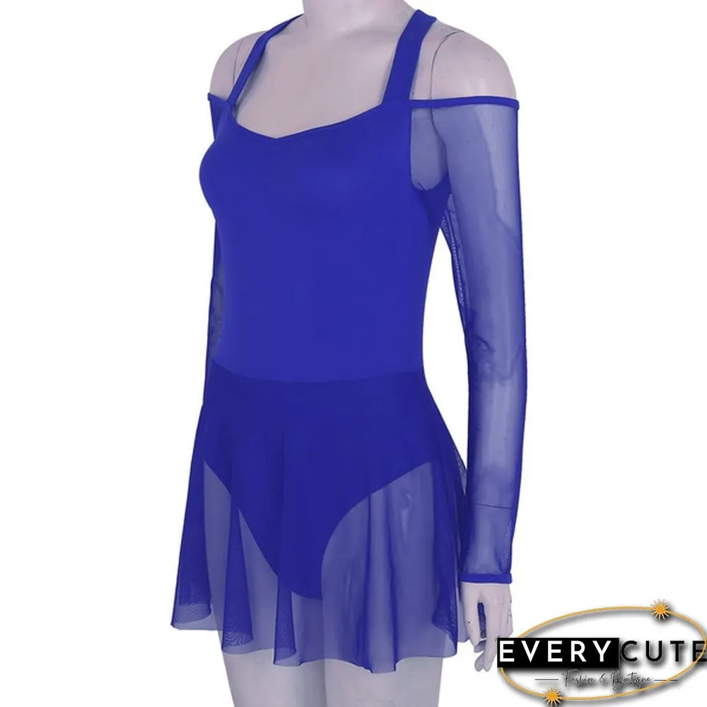 Women Adult Off The Shoulder Long Sleeve Halter Neck Mesh Bodysuit Ballet Dance Dress