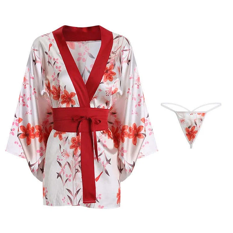 Floral Print Deep V-neck Lace Up Kimono Lingerie Dress - Modakawa modakawa