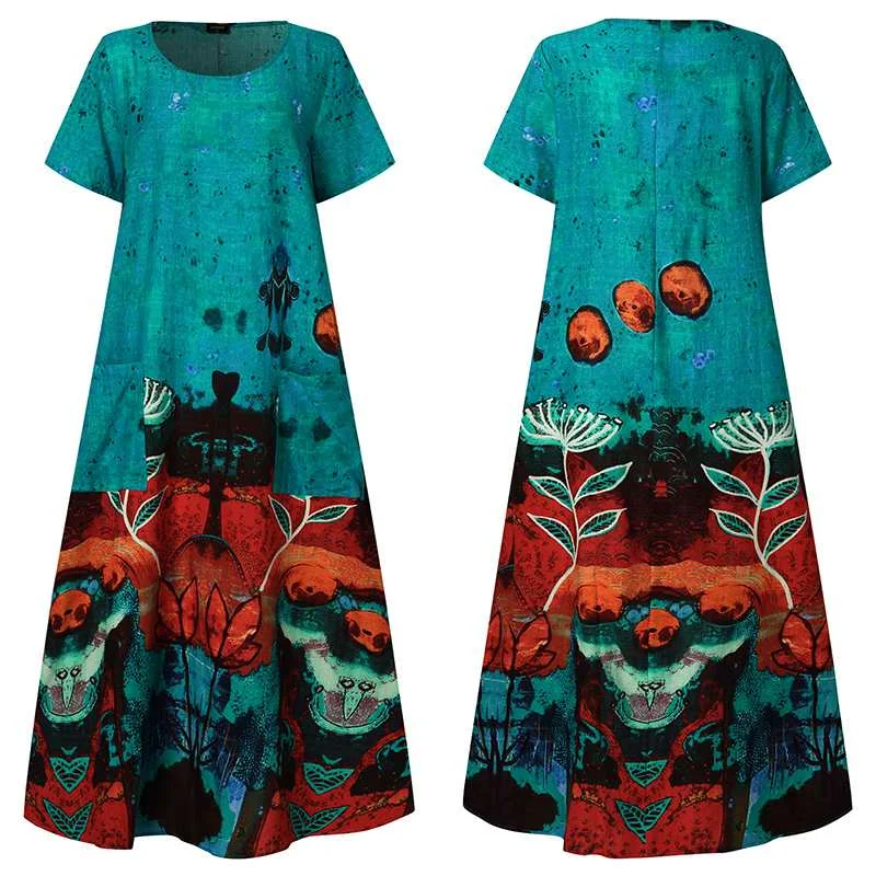 Maxi Dress Women Patchwork Floral Printed Sundress VONDA 2021 Women's Autumn Stylish Robe Female Cotton Linen Dress S-