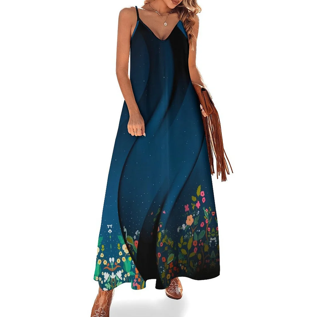 Style & Comfort for Mature Women Plus Size Printed Sling Casual Women Maxi Dress in Pattern Floral, Dark Blue, Pink