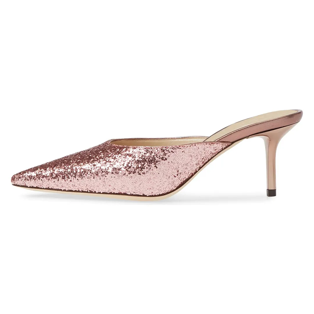 Pink Glitter Pointed Toe Stiletto Heel Mule Shoes for Women