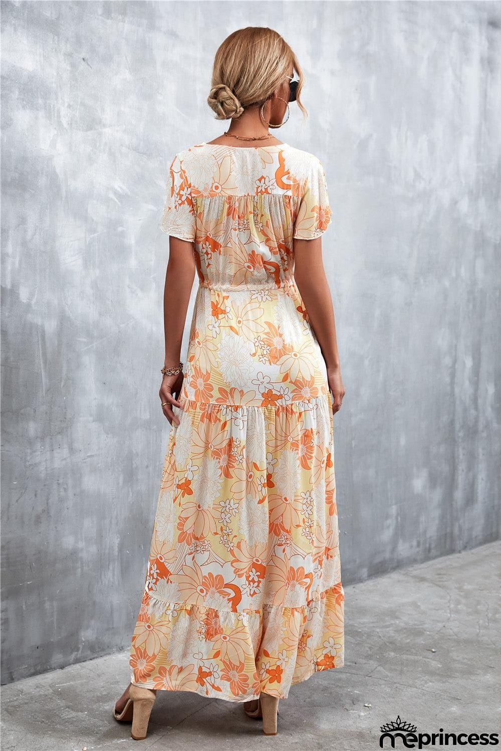 Floral Buttoned Drawstring Waist Tiered Dress