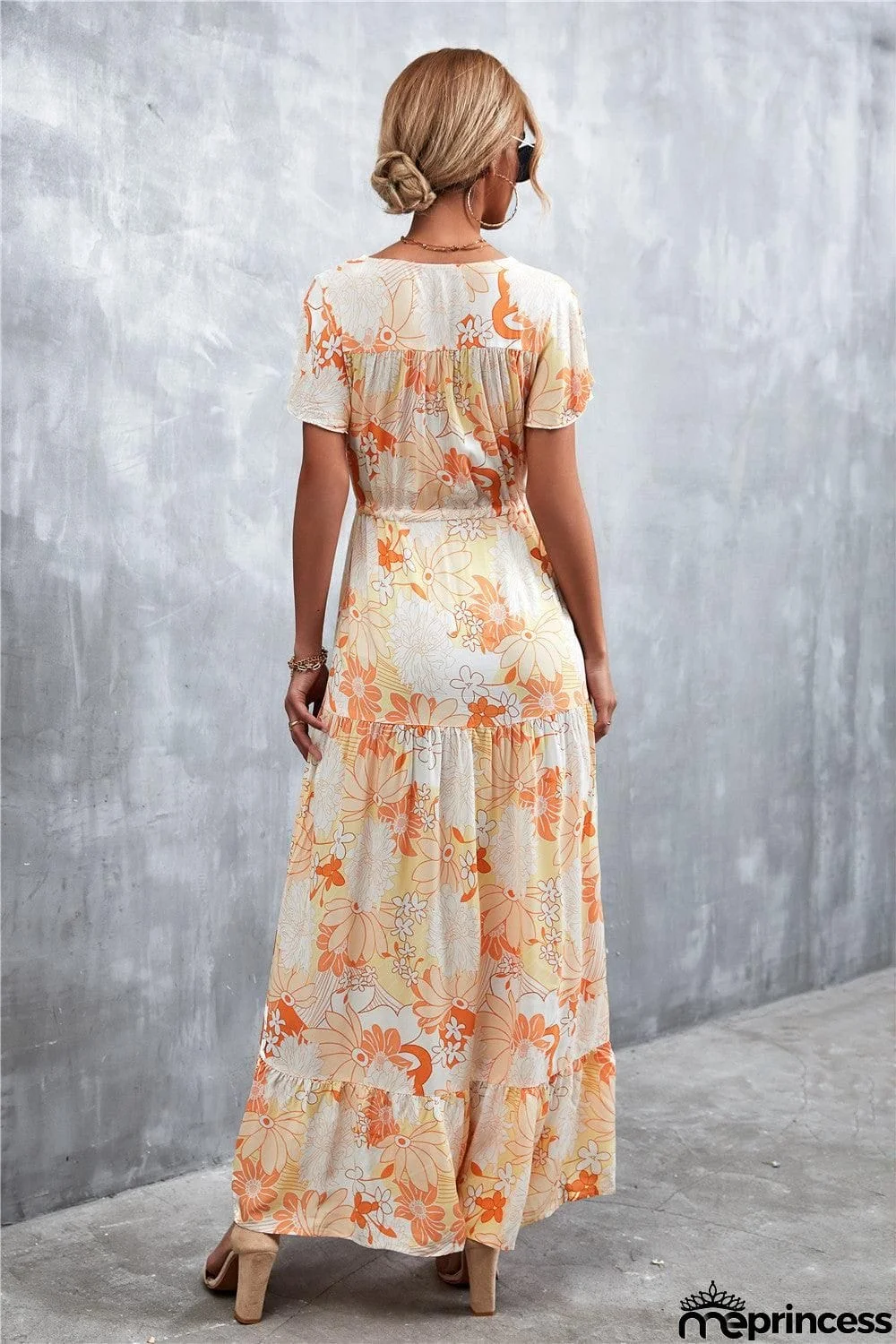 Floral Buttoned Drawstring Waist Tiered Dress