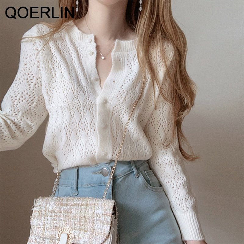 QOERLIN Women Hollow Out Cardigan Sweater Autumn Winter Jacket Coat Female Knitted Solid Cardigan Tops Casual Loose Soft Tops