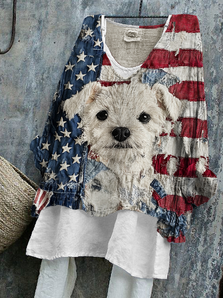 Comstylish Fuzzy Dog Embroidered American Flag Fiber Art Linen Tunic