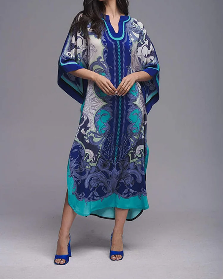V-neck Print Loose Robe Dress