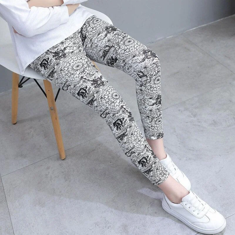 2-10Y Girls Leggings Kids Skinny Bottoms Spring Autumn Flower Print Pants Cute Pencil Pants Children Casual Trousers Girl Capris